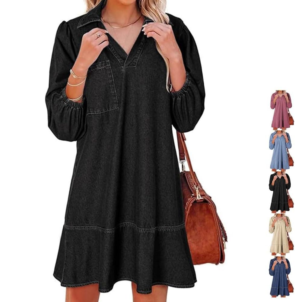 Vestido Vaquero con Capas, Cuello en V y Mangas abullonadas para Mujer, Vestidos Vaqueros con Volantes y Mangas 3/4, Vestido Vaquero Camisero Holgado de Verano con Bolsillos. (Black,L)