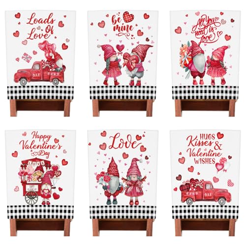 FuWeave 6 Pcs Valentines Chair Back Covers Valentine's Day Dining Chair Slipcovers for Valentine's Day Decorations Love Heart Valentine Chair Protector Removable Chair Back Covers(Buffalo Plaid)