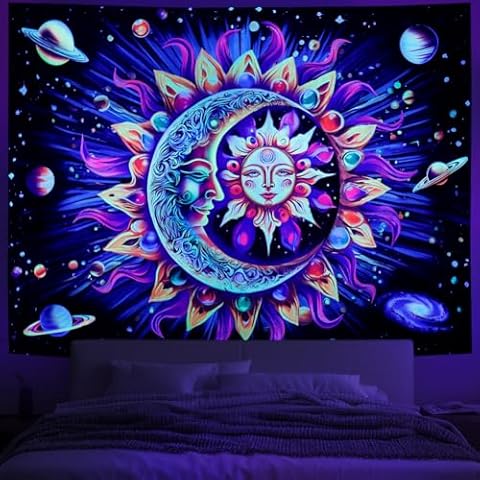Amtoodopin Blacklight Sun and Moon Tapestry UV Reactive Galaxy Space Tapestry Hippie Planet Tapestry Psychedelic Mystic Wall Tapestry Glow in the Dark Tapestry Wall Hanging for Bedroom Cover