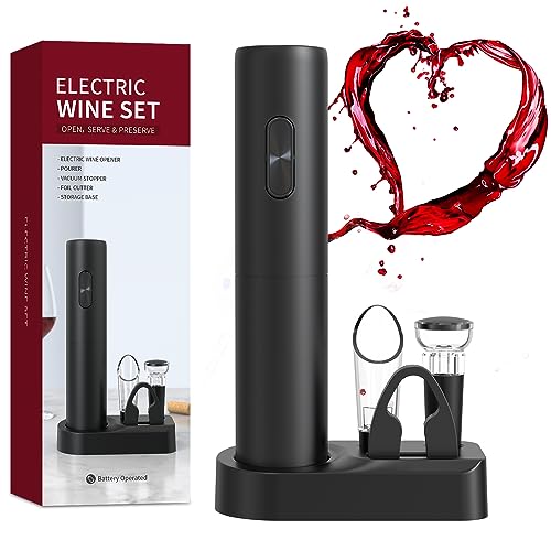 ORIJOYNA Electric Wine Opener Set - Battery Operated Bottle Opener with Pourer, Foil Cutter, Vacuum Stopper, and Storage Base - 5-in-1 Corkscrew Kit - Gift for Wine Lover