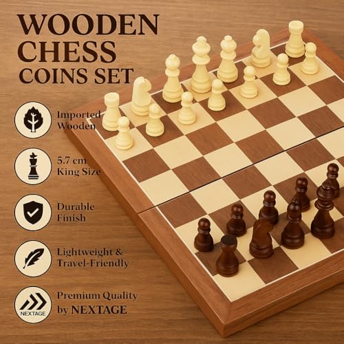 Image of Nextage 32-Piece Wooden Chess Coins Set | Classic Imported Wooden Goti for Chess Board | 5.8 cm King Size | Lightweight Durable Chess Accessories for Kids & Adults