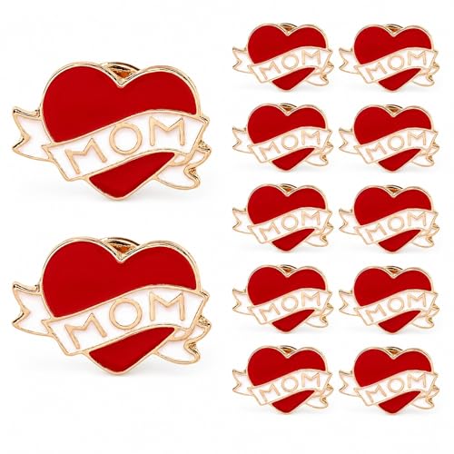 Image of LUOZZY 12pcs Mom Heart Pins Red Enamel Love Brooches for Mothers Day | Eye-Catching Red Heart Mom Enamel Pins For Birthday Parties