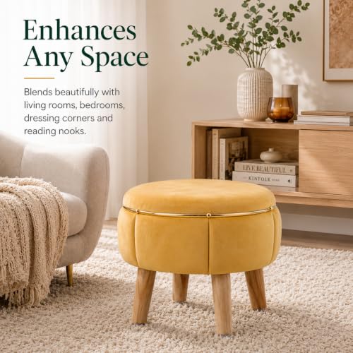 Image of Velvet Upholstered Round Ottoman Footstool | Anti-Slip Feet | Multipurpose Footrest, Step Stool & Vanity Seating & Decor | 40 x 30 cm (16 x 12 Inch) | Yellow