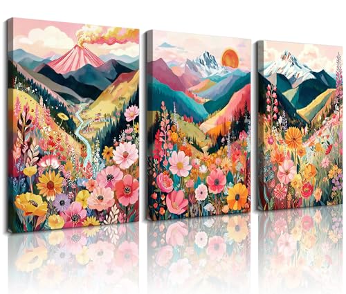 Image of Frimeeme Framed Colorful Watercolor Floral Mountain Canvas Wall Art,12x16
