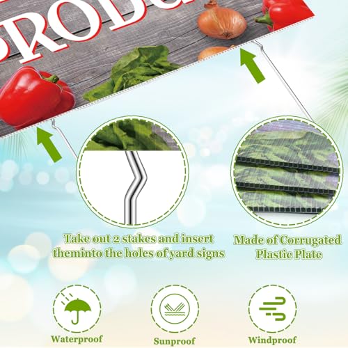Fanfanwin 4 Pack Fresh Produce Advertising Sign Farmers Market Sign Include 3 Fresh Produce Yard Sign, 1 Fresh Produce Feather Flag 7 ft with Pole and Ground Stake for Vegetable Business Outdoors - Thumbnail 3