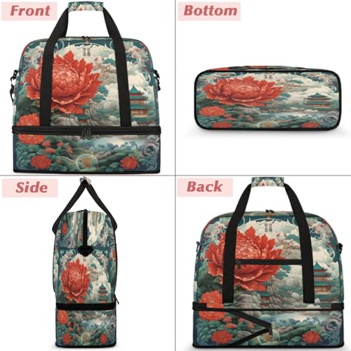 Large Weekender Overnight Bags Travel Duffel Bag for Women Men Flowers Red Peony Gym Bags With Shoe Compartment Foldie Travel Tote Bag Carry On Personal Item Bag for Travel Gym Sports3