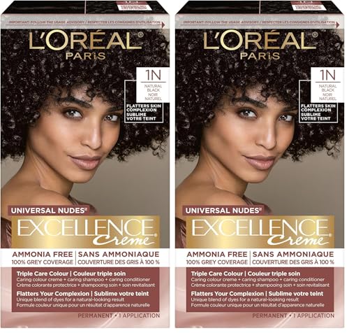 Image of L'Oreal Paris Excellence Universal Nudes Permanent Hair Color, Ammonia Free Hair Dye for Gray Hair Coverage, 1N Natural Black, 1 Hair Dye Kit (Pack of 2)