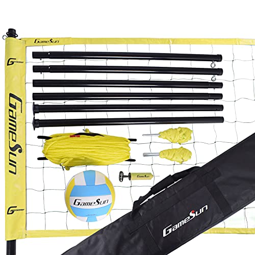 Gamesun Portable Volleyball Net Set System-Portable Volleyball Set for Backyard with Professional Volleyball Net, Wrap Yarn Volleyball and Pump, Boundary Line, Carry Bag