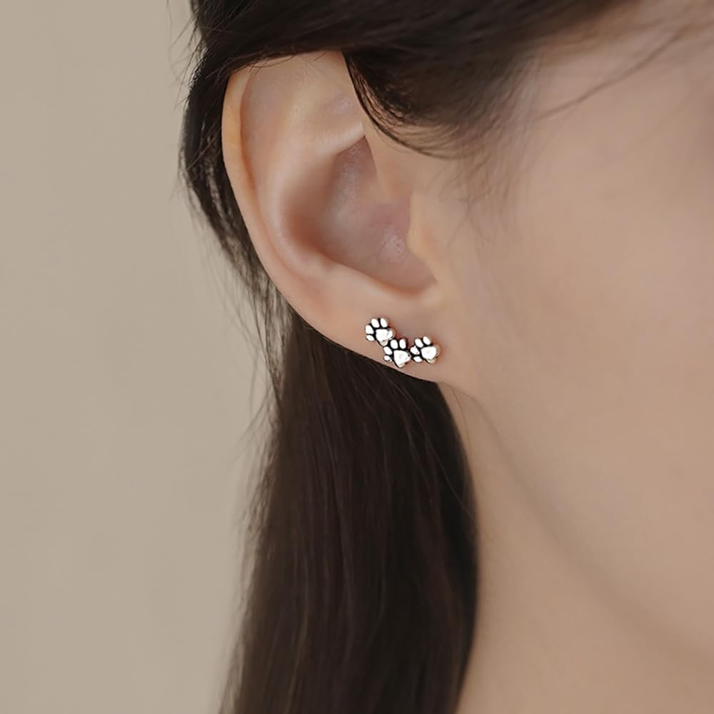 Puppy Dog Paw Print Climber Stud Earrings for Women 925 Sterling Silver Tiny Cat Kitten Animal Pet Cartilage Traugs Crawler Studs Earring Cute Birthday Jewelry Hypoallergenic - Image 2