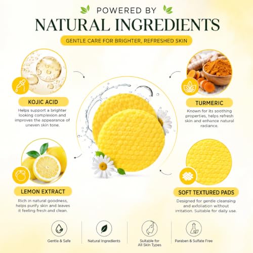Image of Kojic Acid & Turmeric Cleansing Pads for Face | Exfoliating Facial Pads with Lemon Extract | Helps Brighten Appearance & Remove Dirt, Oil & Makeup | Suitable for All Skin Types | 60 Pads