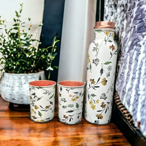 Image of Copper Water Bottle 1 Ltr | Copper Water Bottle with Glass Set | Meena Work | 100% Pure | Leak-Proof | 2 Water Glass 300ml each | Best for Gifting (Leaf Design - 1)
