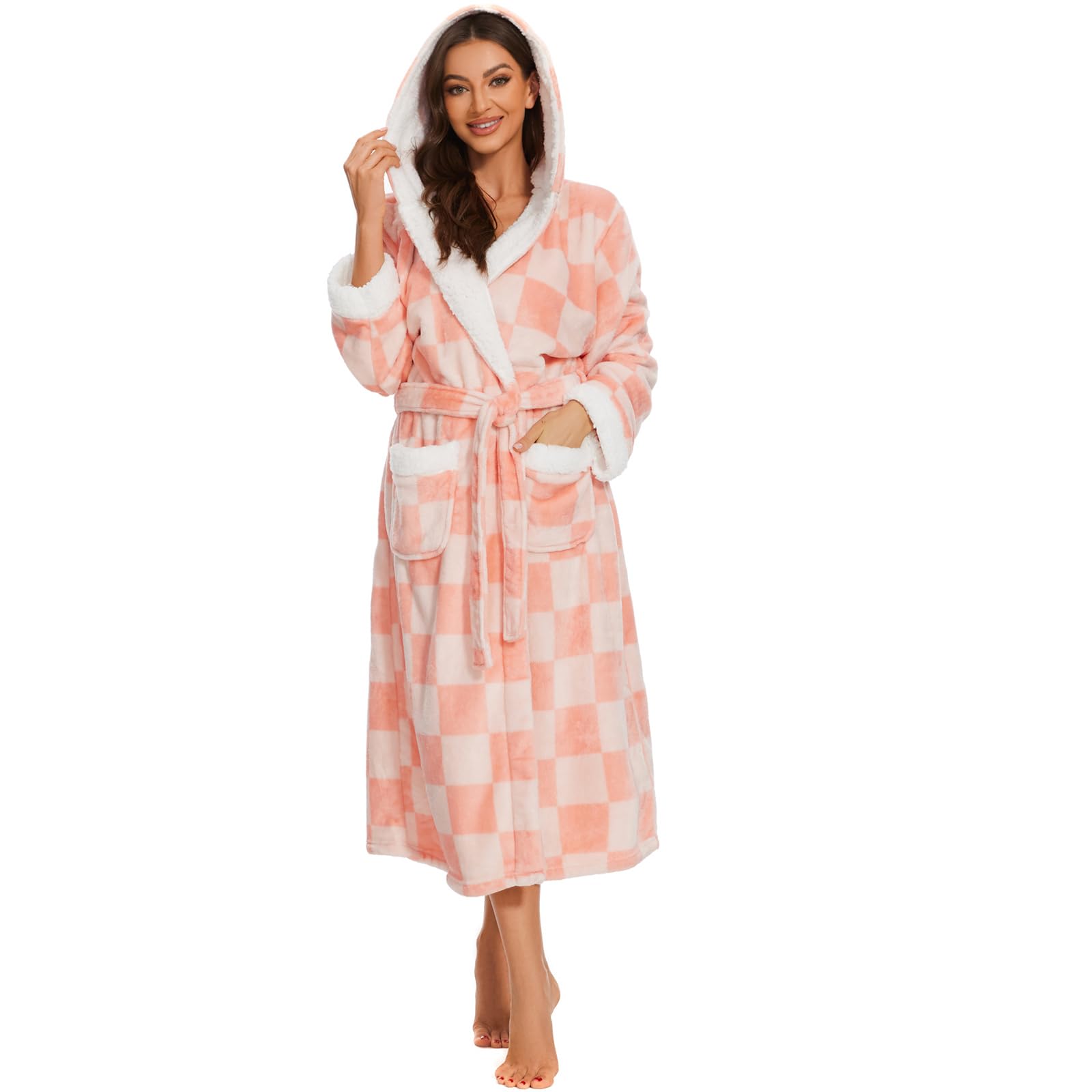 iniber Plush Robes for Women Womens Robe Long Fuzzy Fluffy Soft Warm Fleece Hooded Bathrobe