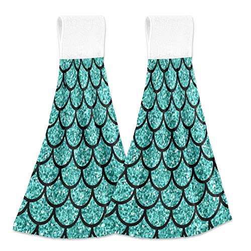 Kocoart Aquamarine Glitter Scales Kitchen Hand Towels Mermaid Fish Hanging Towel Dishcloths With Loop 2Pcs, Soft Super Absorbent Fingertip Towel For Bathroom Washroom Guestroom Hotel 12X17 In #TOP16