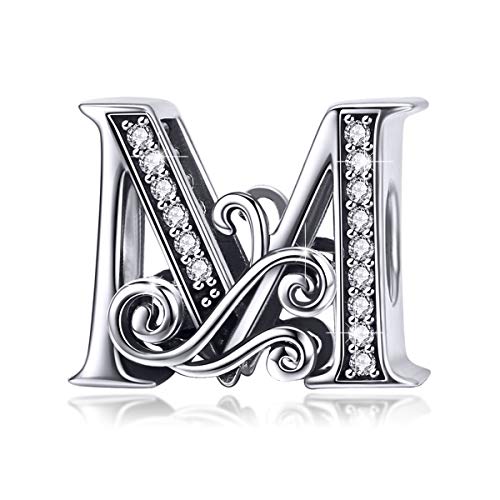 Bamoer Charm con lettera dell'alfabeto dalla A alla Z, per braccialetti europei e argento-placcato-base, colore: Lettera M., cod. GAC030-M+GW0043-S