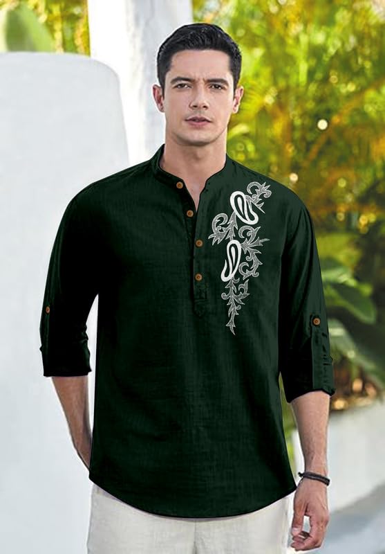 Image of Men's Printed Cotton Blend Short Kurta | Regular Fit Casual Kurta Shirt for Men with Mandarin Collar | Ethnic