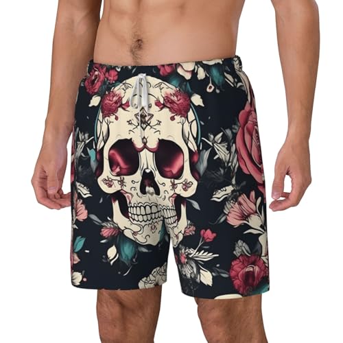 Flowers Skull Ornamental Pattern Men's Soft Double Swim Shorts, Lounge Swiming Shorts Pants Breathable Summer2