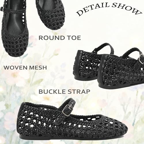 Image of Woven Ballet Flats for Women Round Toe Mesh Flats Buckle Strap Flat Shoes Comfortable Mary Jane Dressy Mesh Shoes Casual Ballerina Mary Janes