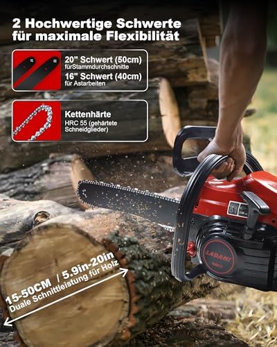 Bild 2 - Benzin Kettensäge 58CC Profi,2-Takt-Motorsäge,3,5PS Motorkettensäge mit 20 Zoll&16 Zoll Schwert,2 Ketten,Vibrationsdämpfung,Sicherheitsschalter,Benzin-Baumpflegesäge für Holzfällen,Gartenarbeit