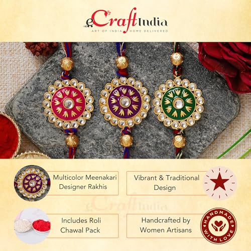 Image of eCraftIndia Set of 3 Meenakari Designer Rakhis for Brother Bhabhi Bhaiya Bhai Kids | Raksha Bandhan Rakhi Combo | Best Bro Ever Fridge Magnet | Roli Chawal Pack