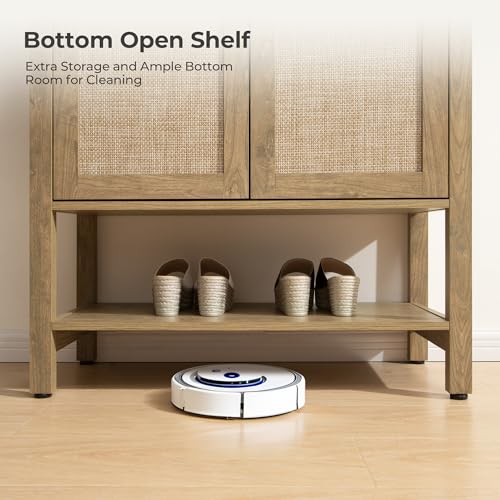 Image of SICOTAS Shoe Storage Cabinet for Entryway - 5 Tier Rattan Entry Shoe Organizer Cabinet with Shelves & Doors, 2 Pieces Farmhouse Boho Shoe Rack for Hallway, Living Room, Closet (Carbon Cherry)