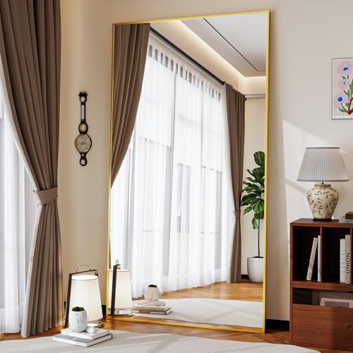 Koonmi 89 x 198 cm Espejo de pie grande, robusto espejo de cuerpo entero con marco de aluminio estrecho minimalista, moderno espejo de pared grande de pie o colgante para salón y dormitorio, dorado