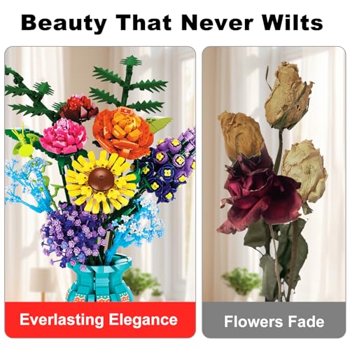 Image of Flowers Building Set with Vase, 14 Wildflowers Bouquet Kits with Rose, Sunflower, Baby's Breath, Botanical Collection, Compatible with Lego Flowers, Chrismas Thanksgiving Birthday Gifts, 11001