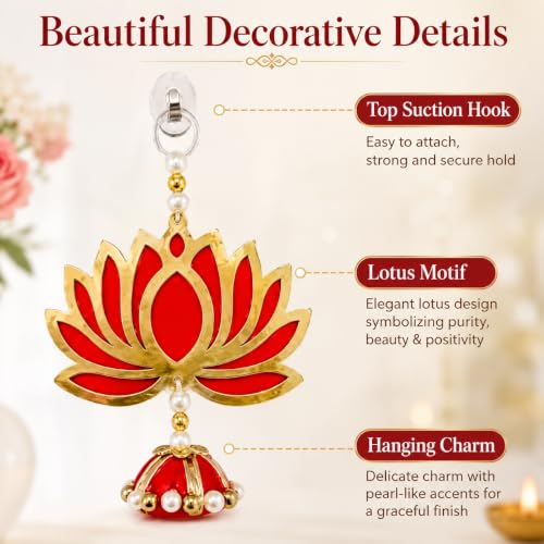 Image of Religious Door Hanging Decor with Pearl Beads & Tassel, Wooden Wall Hanging for Home Temple, Pooja Room, Entrance, Mandir Decoration & Spiritual Gift, Red Lotus