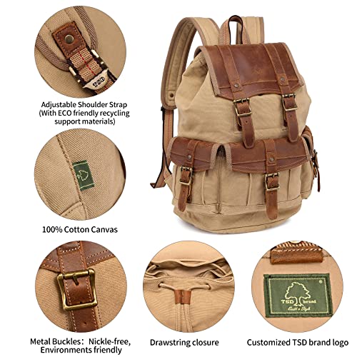 Tsd Brand Laptop Backpack Vintage Canvas Leather Backpack, Hiking Daypacks Unisex Casual Rucksack Durable Notebook Bag Travel Shoulders Knapsack(Camel) #TOP2