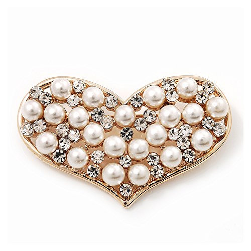 Preisvergleich Produktbild 'Brosche Herz' Diamante falschen Perle, vergoldet, Länge 4,5 cm