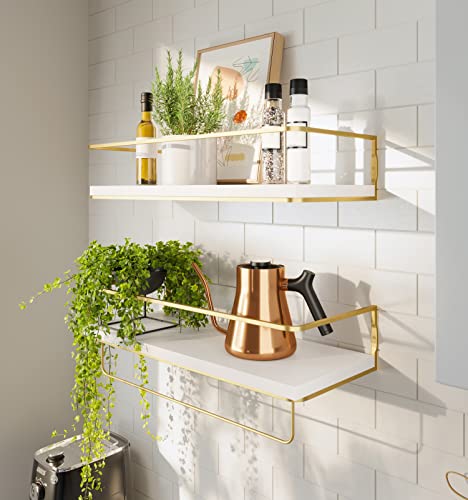 White Floating Shelves Set Of 2, Bathroom Shelves Wall Mounted With Towel Bar, Gold Shelves For Bathroom, Kitchen, Living Room, Nursery #TOP4
