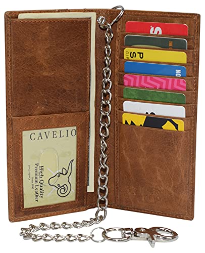Genuine Leather Men's Chain Biker Wallet Long Bifold Checkbook RFID Blocking Wallets for Men (Tan with Chain)2