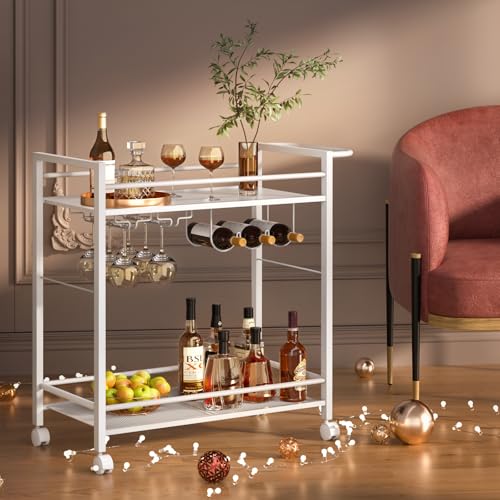 Image of Joaxswe Bar Cart w /Wheels,Home Bar Serving Cart w /Storage Shelves,White