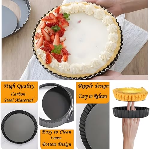 Quiche Pan, 24cm/9 in Carbon Steel Loose Bottom Pie Tin, Fluted Tart Tin, Flan Case Tin with 3 Silicone Tools Removable Non-Stick Coating, Baking Tart Pan for Tarts Mousse Cake Pie Quiche - Image 5