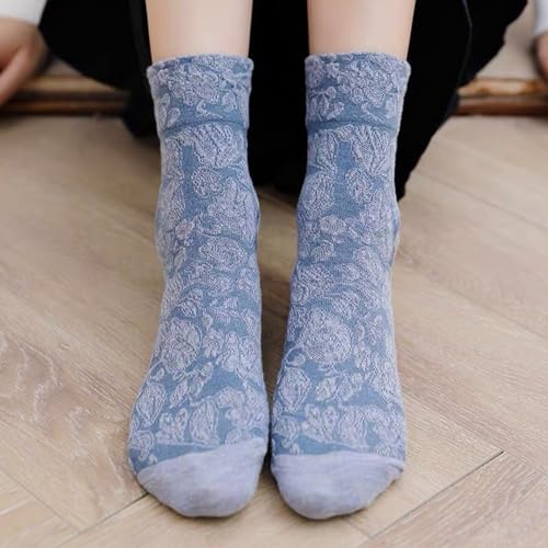 Image of DXYAKY 5 Pairs Womens Floral Cotton Socks Vintage Patterned Crew Socks Novelty Ankle Ruffled Warm Casual Dress Socks