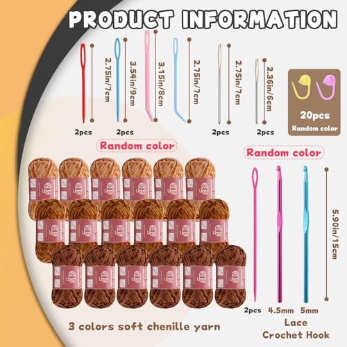 Image of LUNARM Chenille Yarn for Crochet Knitting Chunky Blanket Velvet Yarn | 18 Pack 100g /3.5oz Brown Series Thick Soft Yarn for Beginners Knitting Fluffy Weaving Plush Scarves with Big Eye Needles