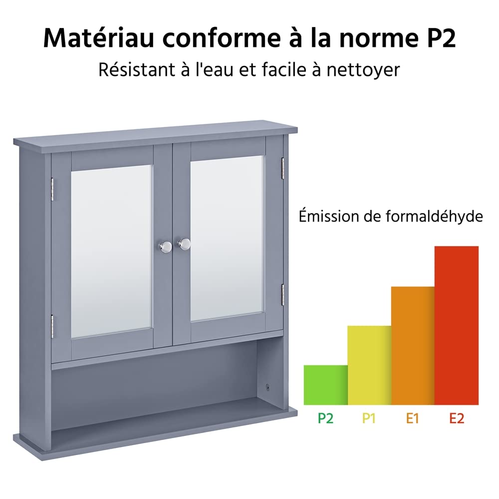 Yaheetech Armoire Murale de Salle de Bain, Placard de Rangement Toilettes 3 Niveaux, Étagères à Hauteur Réglable, 2 Portes et Miroirs, 56 × 13 × 58 cm Gris