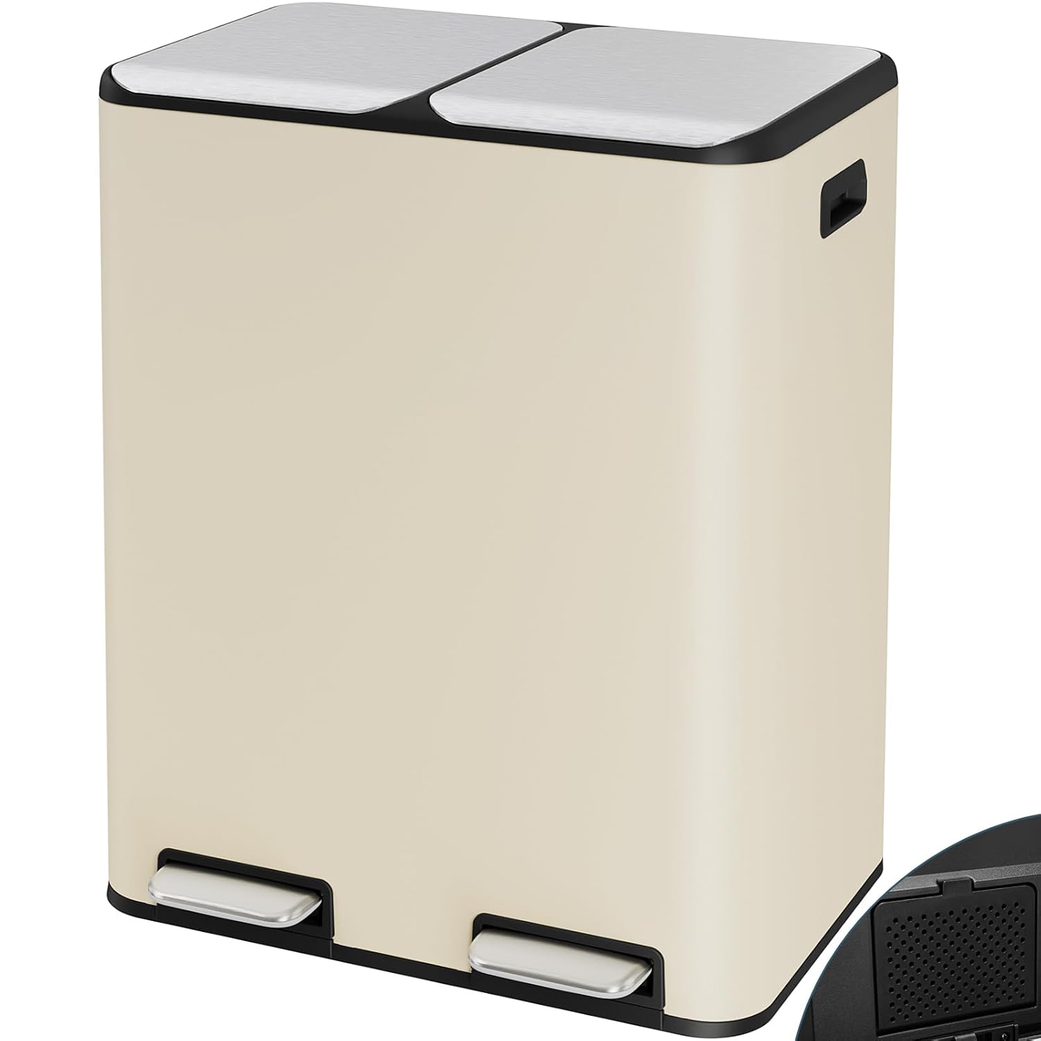 Arlopu 16Gal Dual Trash Can w/2 Built-in Box for Odor Control, Hands-Free Kitchen Garbage Bin, Recycle Waste Dustbin, Soft-Close Lid, 2 Buckets,Foot Pedal, Side Handle, Airtight,for Home (Beige)