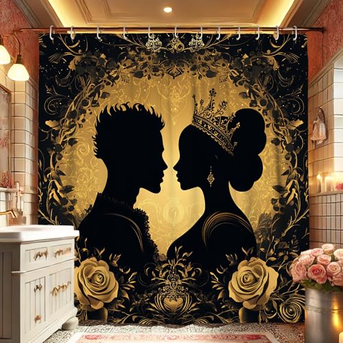 Elegante tenda da doccia in vera silhouette, motivo coppia reale nera e oro per la decorazione del bagno, arte romantica vintage, set di tende da doccia in tessuto impermeabile con ganci, 72 x 72