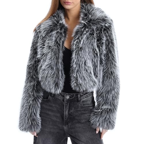 Amazhiyu Manteau en fausse fourrure pour femme avec poches, revers, manches longues d'hiver, veste à l'avant ouvert, doublure peluche, cardigan chaud, Noir ,...