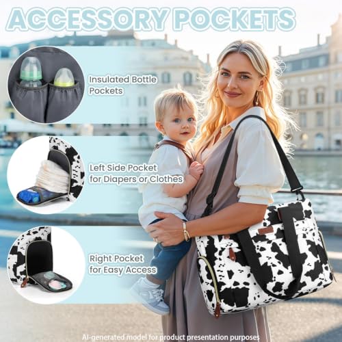 Image of Pritent Diaper Bag Tote for Working Mom, Large Travel Diaper Tote for Mom and Dad with 14 Inch Laptop Sleeve, Mommy Maternity Travel Baby Bag for Boys and Girls, Cowprint