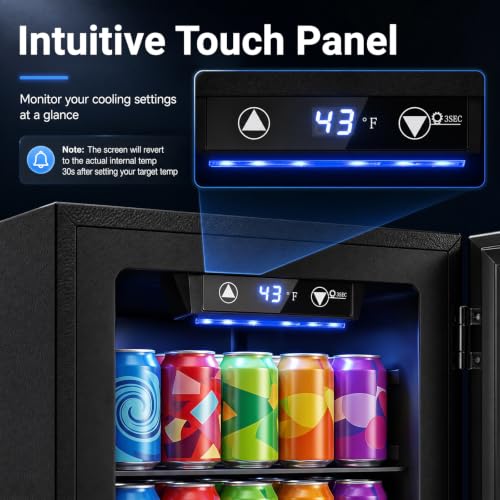 Image of COSTWAY 24 Cans Beverage Refrigerator, 18L /0.6 Cu.Ft Countertop Mini Fridge | Quiet Drink Cooler with Touch Panel, 40-61℉ Thermostat, Tri-Layer Insulated Door and Blue LED Lights for Home Office & Bar