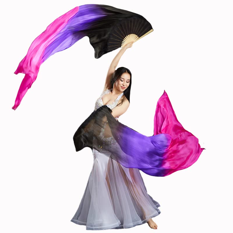 Nimiman Women 1 Pair (Left+Right) Silk Belly Dance Fans Veil Belly Dancing Long Folding Fans Length 180 cm Width 90 cm (Black Purple Rose)