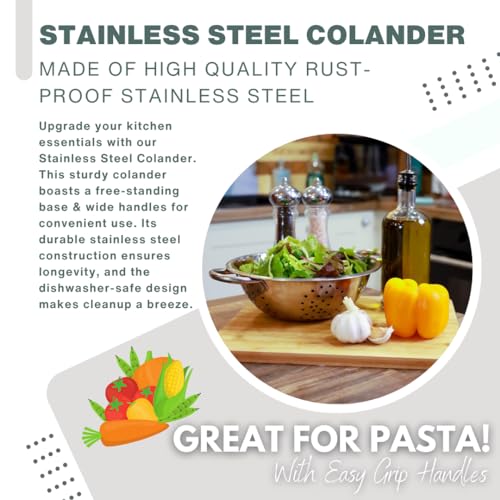 Stainless Steel Deep Colander 28cm (11"), Wide Twin Round Handles, Vegetables, Fruits, Kitchen Accessories - Image 3