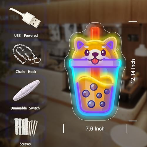 Image of Boba Milktea Dog LED Neon Sign USB Powered for Wall Decor, Cute Neon Night Light Sign Dimmable for Shop Party Decor Birthday Gifts