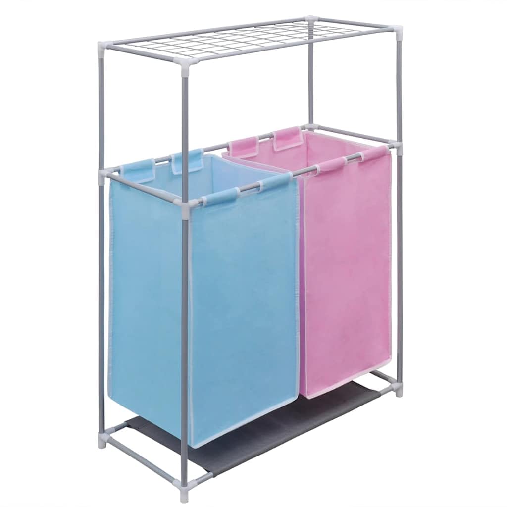 Wäschekorb 2 Abschnitte Rosa und Blau, 2 Stück | Gestell aus Eisen, abwaschbarer Stoff, obere Ablage, 70 x 30 x 80 cm