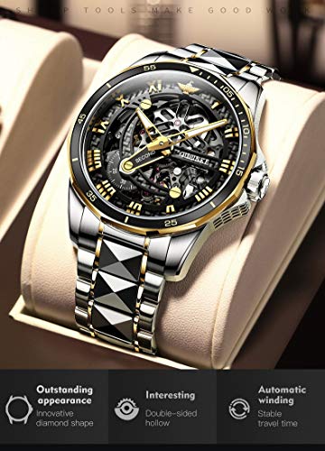 Image of OLEVS Mens Watches Skeleton Mechanical Black Watches for Men Wrist Watches Automatic Luxury Tungsten Steel Sapphire Crystal Waterproof Luminous Gold and Black