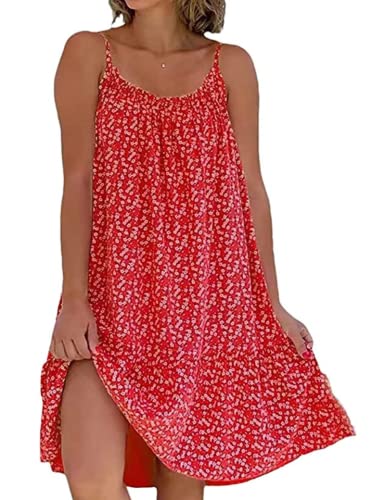 Yeenily Damen Freizeitkleid Ärmelloses Kleid Floral Spaghetti-Träger Kurze Kleider Sommer Lässiges Strandkleid(Rot,XXL)