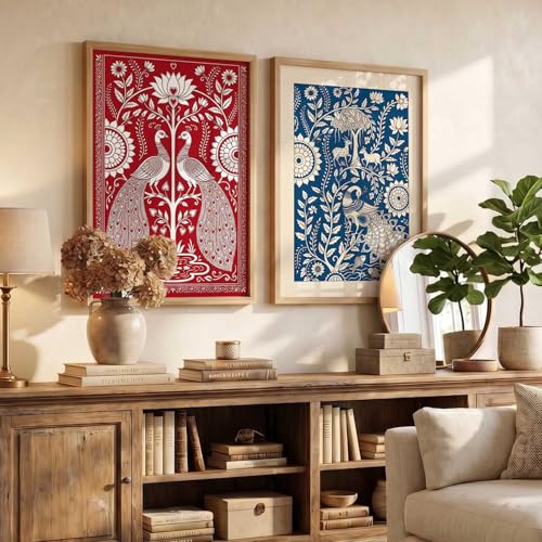Image of kotart Decorative Traditional Wall Art Home Decor Madhubani Painting poster With Frame For Living Room Bed Room Hotel Wall Decor Digital Reprint Set of 2 (14 X 20 INCH)