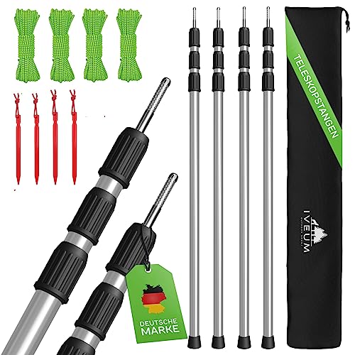 IVEUM [4er Set Stangen Silber] Robuste Sonnensegel Stangen – Zeltstangen inkl. Heringe, Schnüre und Tasche – Sonnensegel Teleskopstangen – Tarpstangen für Tarp…