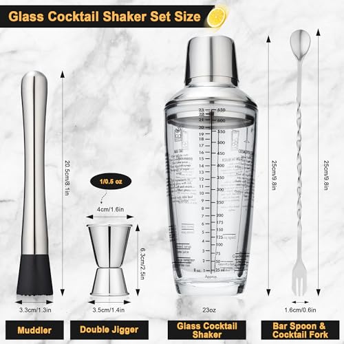 Tiawudi 23oz Glass Cocktail Shaker Set, 4PCS Bartender Kit, Martini Mixer Shaker with Built-in Strainer, Measuring Jigger, Cocktail Muddler & Mixing Spoon, Bar Tool Set for Bartender and Home Use